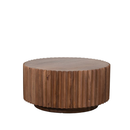 Ronde LABEL51 salontafel Novan van mangohout met een geribbelde voet en nature smooth afwerking, 70x70x34 cm.