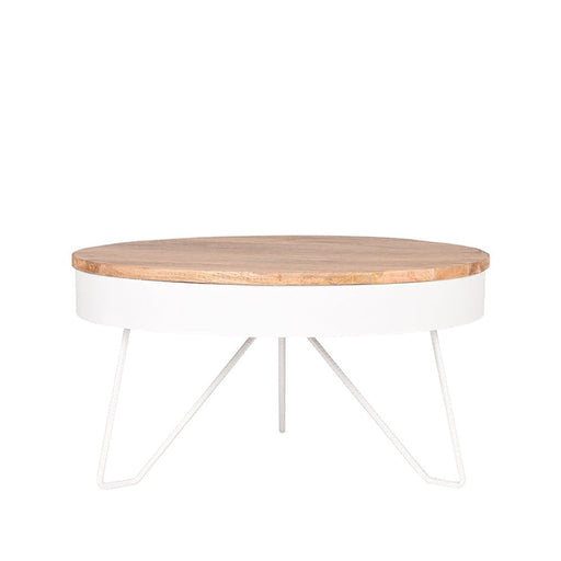 Ronde salontafel met houten blad, witte metalen rand en slanke witte poten, 80 cm diameter.