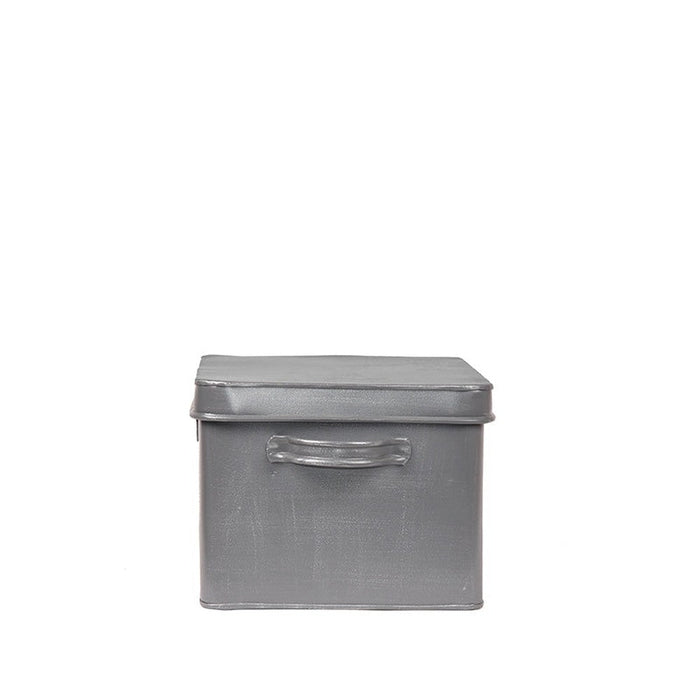 LABEL51 antiek grijze metalen opbergkist van 36x21x16 cm met handvat voor schoenpoetsartikelen.