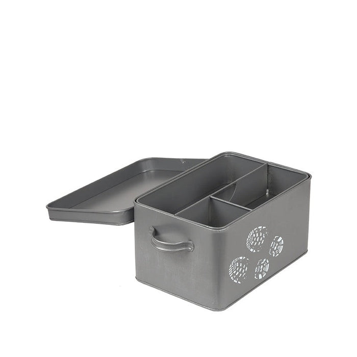 Antiek grijze metalen LABEL51 opbergkist van 36x21x16 cm met vier vakken en een los deksel.