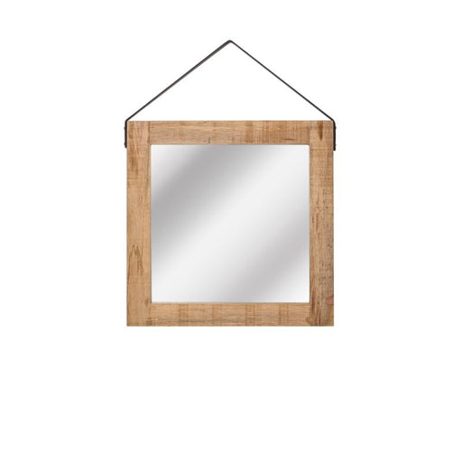 Vierkante LABEL51 spiegel van 60x60 cm met een natuurlijk mangohouten frame en een zwarte metalen ophangbeugel.