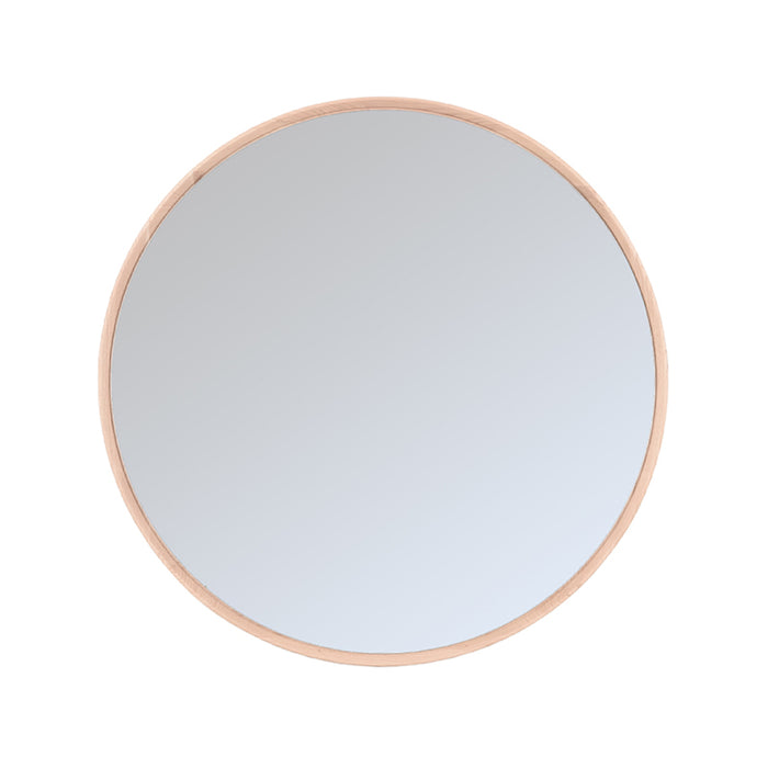 Ronde LABEL51 Oliva wandspiegel van 110 cm met een naturel eikenhouten frame.