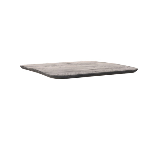 Vierkant zwart tafelblad van mangohout met Sloppy Edge rand, afmeting 70x70x3 cm.