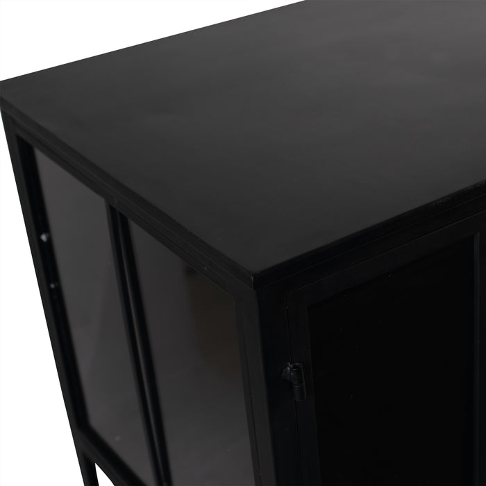 Zwarte PTMD opbergkast van ijzer met glazen deuren en een strak industrieel design van 41x140 cm.