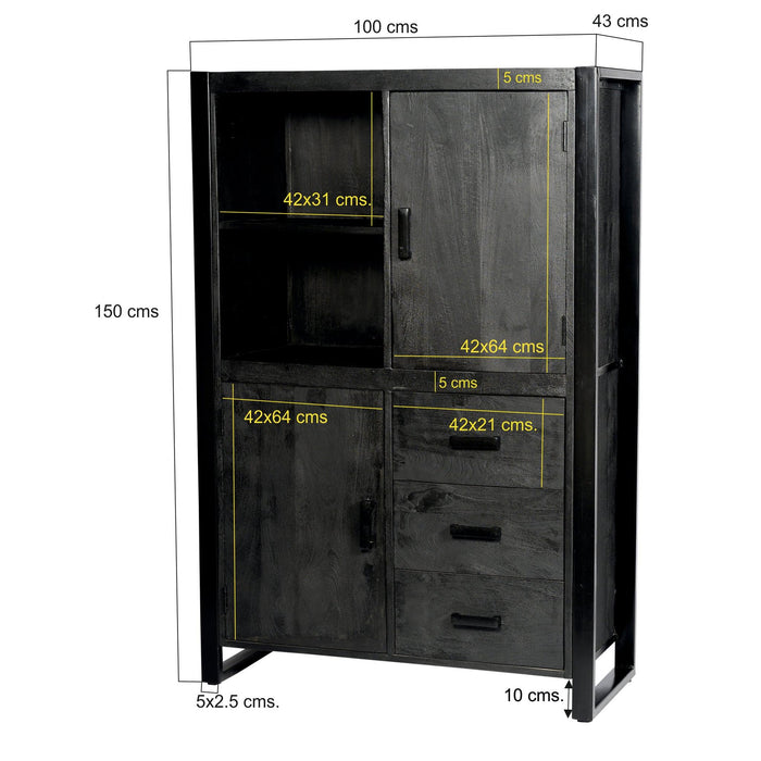 Opbergkast Kast Norris Mangohout Zwart 100x43x150 cm-Opbergkasten-Livingfurn