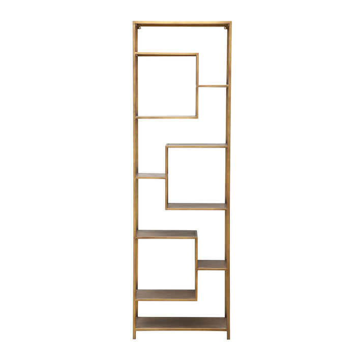 Moderne goudkleurige vakkenkast van ijzer met een open design, afmetingen 30x60x195 cm.