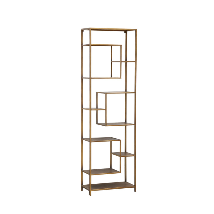 Slanke goudkleurige ijzeren vakkenkast van 30x60x195 cm met een modern open design.