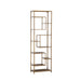 Slanke goudkleurige ijzeren vakkenkast van 30x60x195 cm met een modern open design.