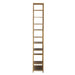 Slanke goudkleurige ijzeren vakkenkast van 30x60x195 cm met meerdere open schappen voor stijlvolle opbergruimte.