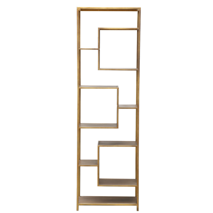 Goudkleurige PTMD vakkenkast van ijzer met een open, asymmetrisch design van 30x60x195 cm.