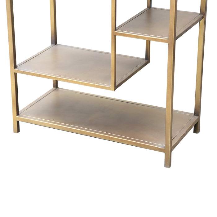 Goudkleurige PTMD vakkenkast van ijzer met een open design en speelse vakverdeling, 30x60x195 cm.