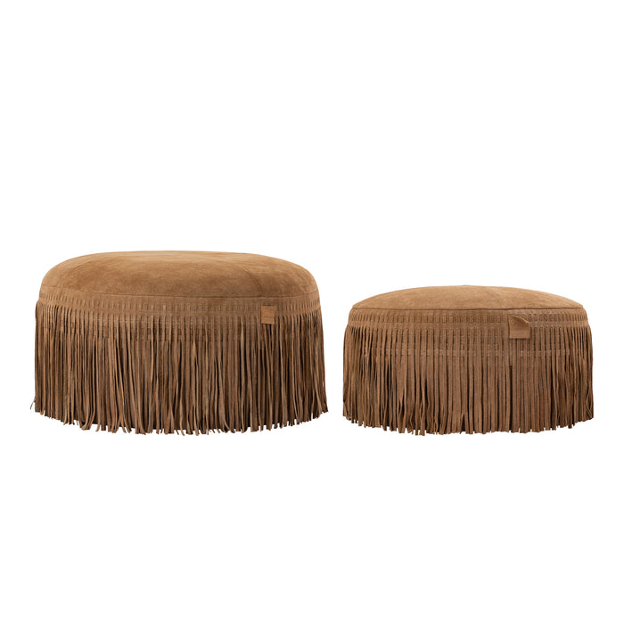 PTMD Eleora Camel Suede Leer Pouf Fringes Rond s-Poefs-PTMD
