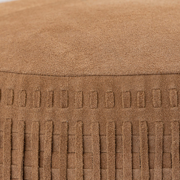 PTMD Eleora Camel Suede Leer Pouf Fringes Rond s-Poefs-PTMD