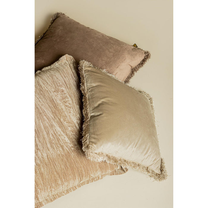PTMD PTMD Nous Taupe Velvet Sierkussen Vierkant Met Franjes – Luxe Woondecoratie-Kussens-PTMD