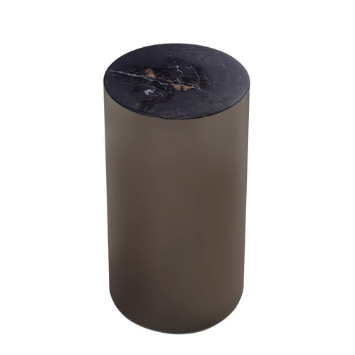 PTMD Rillix Zwart Versteend Hout Bijzettafel Nickel Rond-Bijzettafels-PTMD