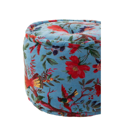 Poef Blauw Katoen Velvet Vogels Rond 40 cm 40x40x30 cm-Poefs-J-Line