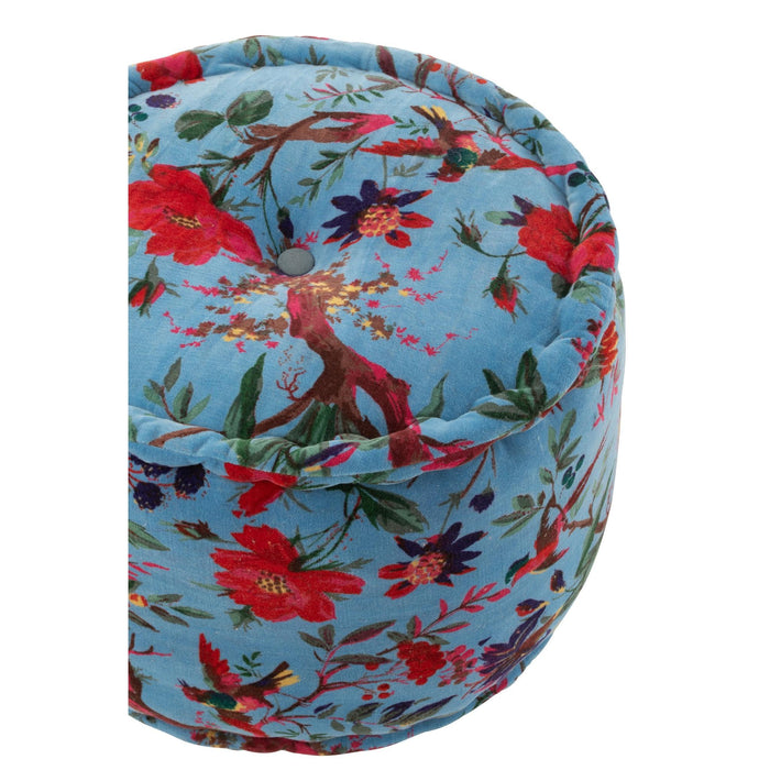Poef Blauw Katoen Velvet Vogels Rond 40 cm-Poefen-J-Line