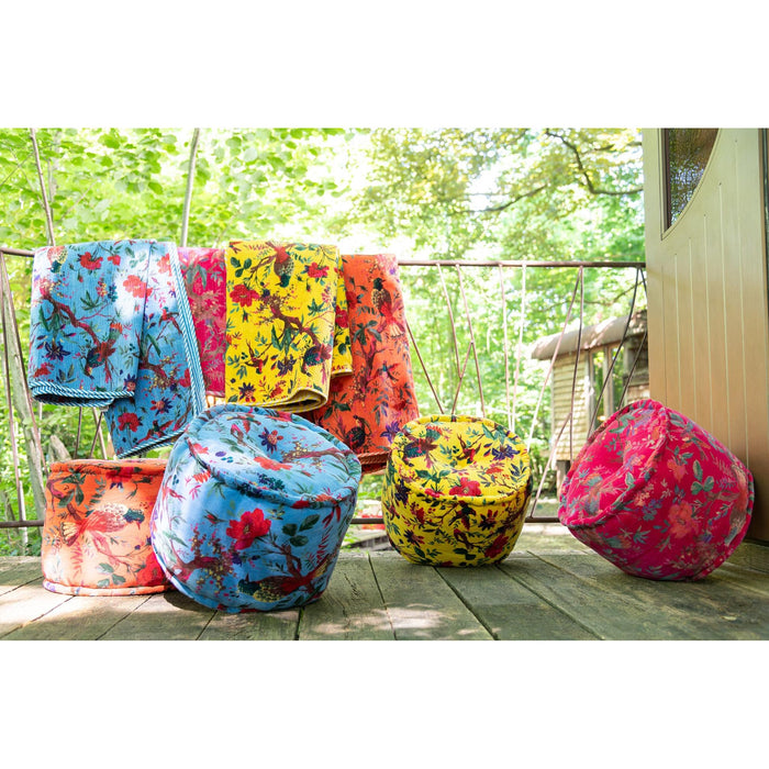 Poef Blauw Katoen Velvet Vogels Rond 40 cm-Poefen-J-Line