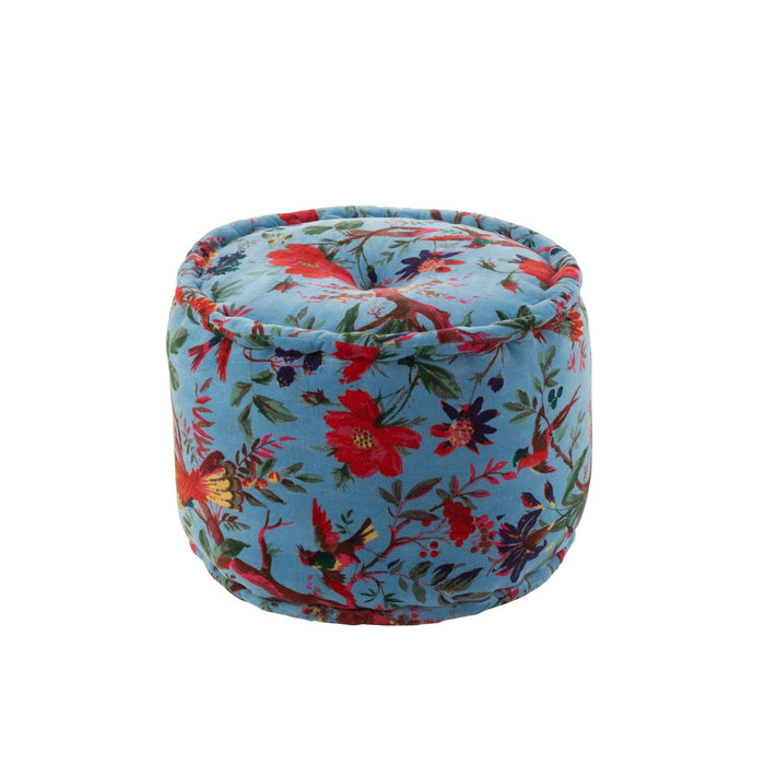 Poef Blauw Katoen Velvet Vogels Rond 40 cm-Poefen-J-Line