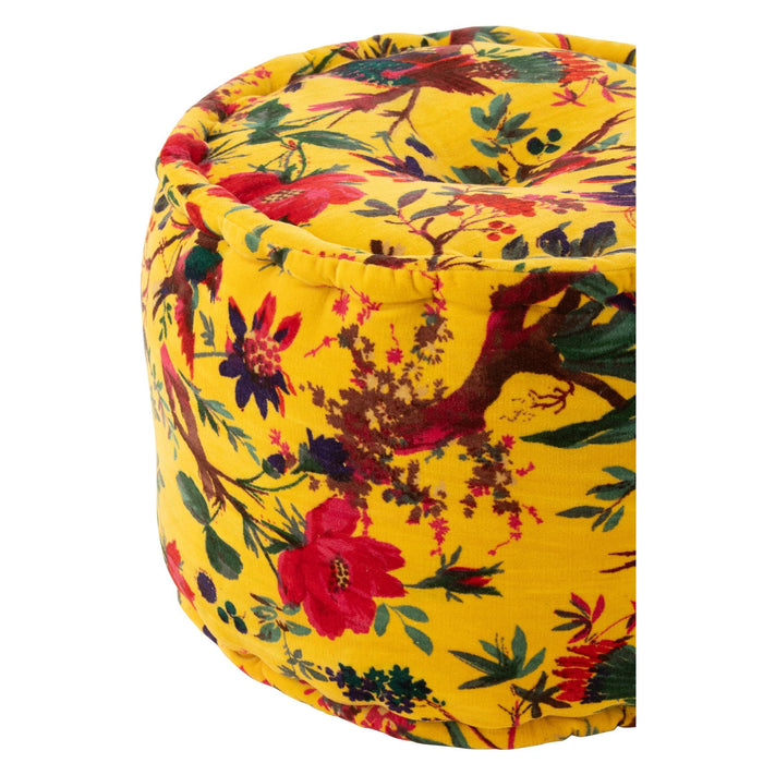 Poef Geel Katoen Velvet Vogels Rond 40 cm-Poefs-J-Line