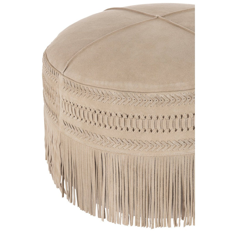 Poef Grijs Leer Franje Rond 54 cm 54x54x37 cm-Poefs-J-Line