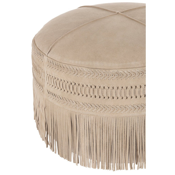 Poef Grijs Leer Franje Rond 54 cm-Poefen-J-Line