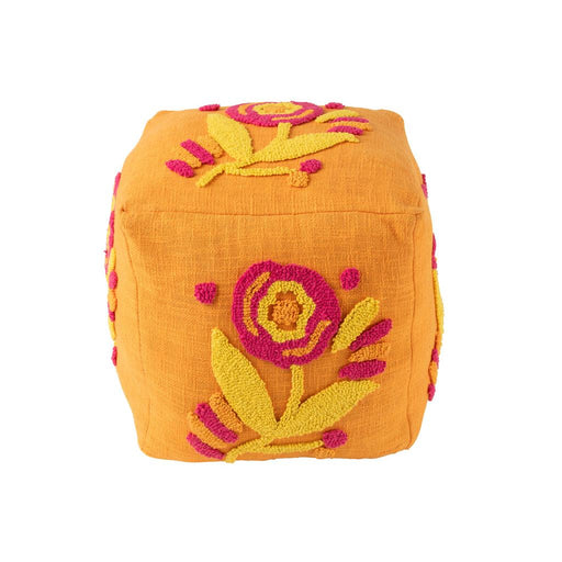 Poef Oranje Katoen Bloemen Vierkant 40 cm-Poefen-J-Line