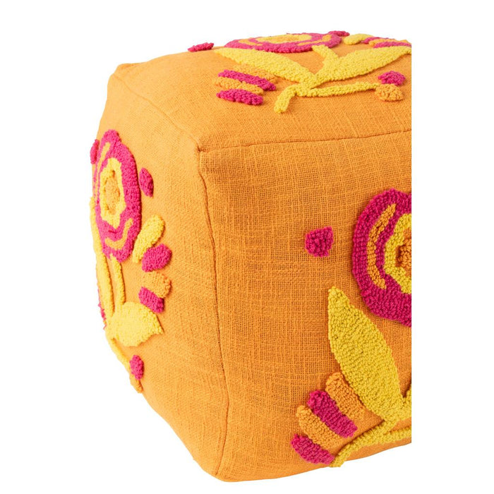 Poef Oranje Katoen Bloemen Vierkant 40 cm-Poefs-J-Line