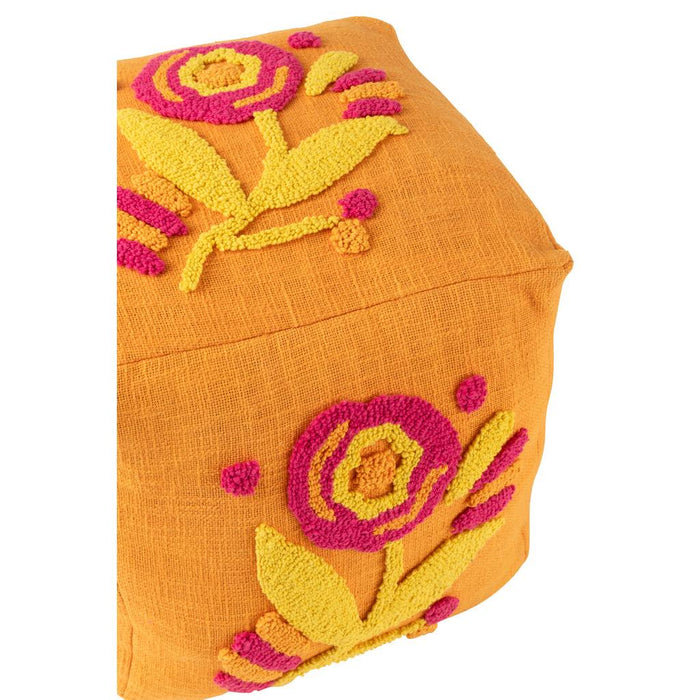 Poef Oranje Katoen Bloemen Vierkant 40 cm-Poefs-J-Line