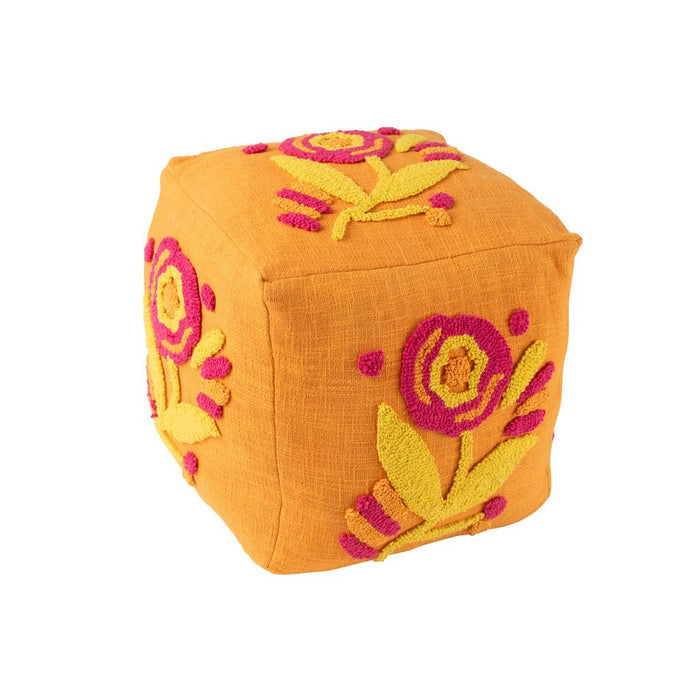 Poef Oranje Katoen Bloemen Vierkant 40 cm-Poefs-J-Line