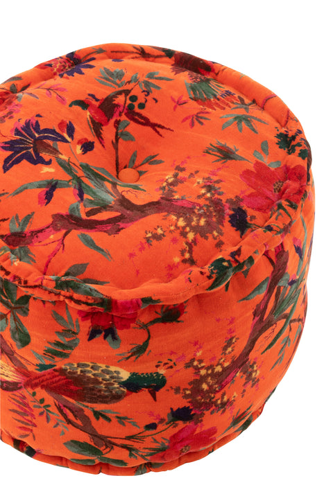 Poef Oranje Katoen Velvet Vogels Rond 40 cm-Poefen-J-Line