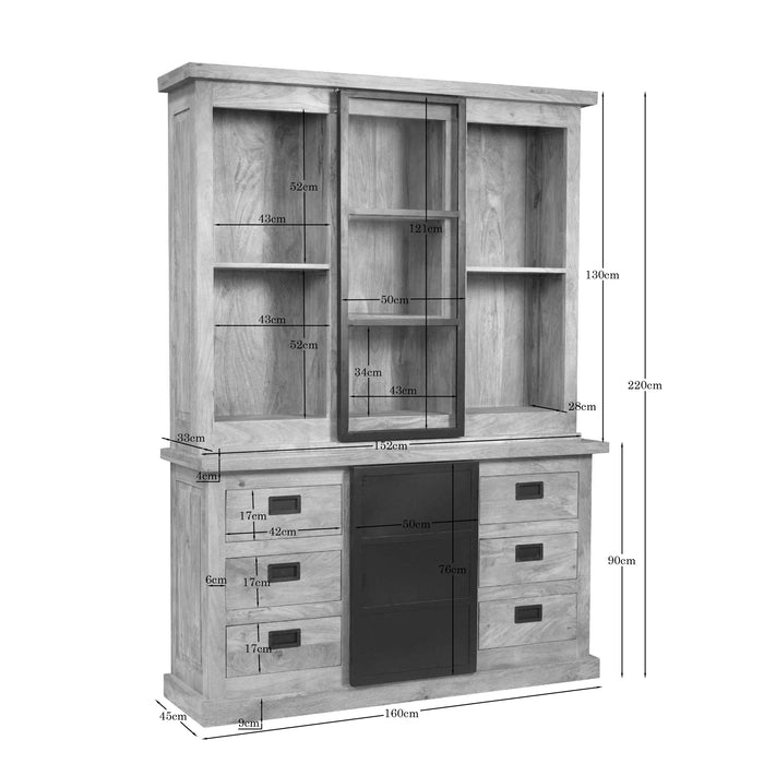 Vitrinekast Noa 160 cm, maattekening met afmetingen