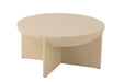 Witte ronde salontafel van 90 cm met een minimalistisch houten onderstel en een modern design.