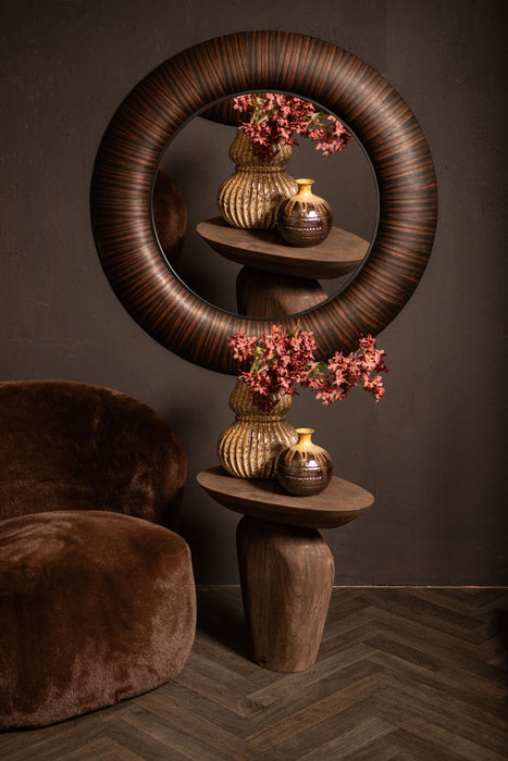 Mirrors Gezzy Brown Wooden Veneer Mirror Thick Frame Round