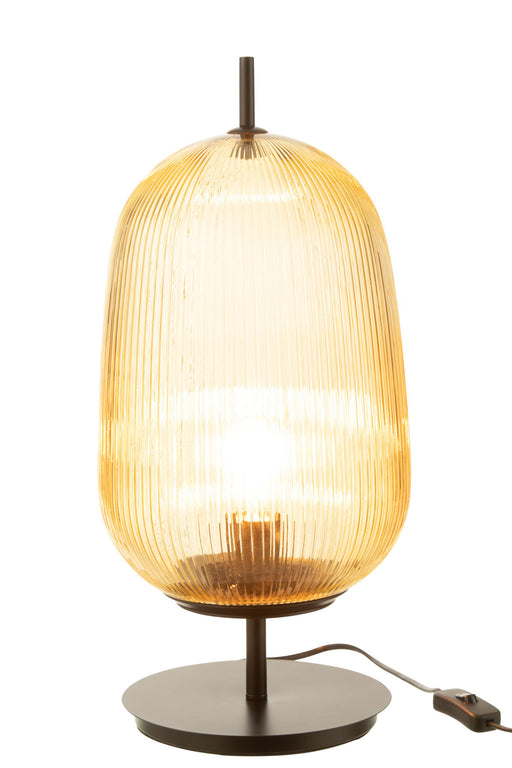 Gele tafellamp van 49 cm hoog met geribbeld glas en een zwarte ijzeren voet.