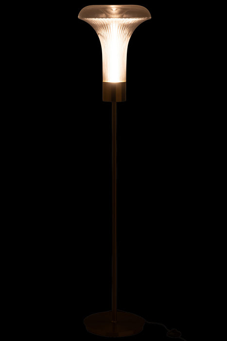 Elegante transparante glazen vloerlamp van 155 cm hoog met een slank design en sfeervolle verlichting.