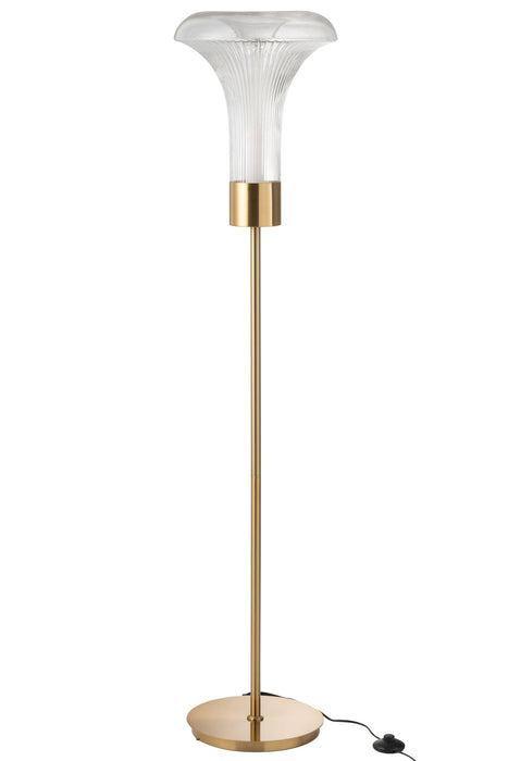 Elegante vloerlamp met geribbelde transparante glazen kap en slanke goudkleurige metalen voet van 155 cm hoog.