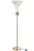 Elegante vloerlamp met geribbelde transparante glazen kap en slanke goudkleurige metalen voet van 155 cm hoog.