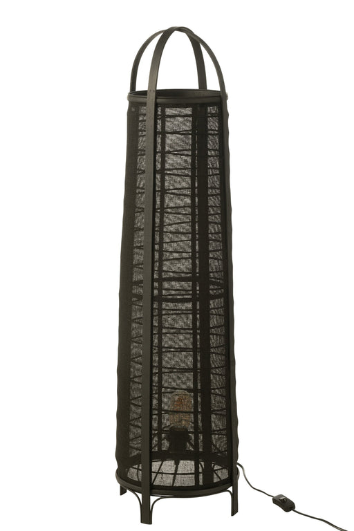 Zwarte vloerlamp van 100 cm hoog met een cilindervormig frame van textiel en metaal voor een sfeervol interieur.