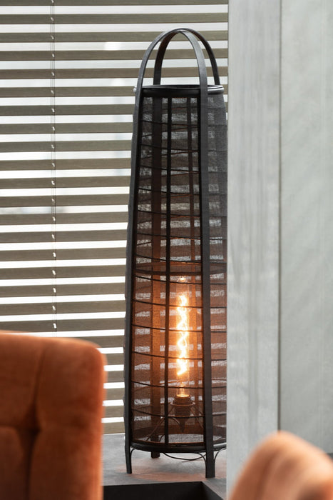 Zwarte vloerlamp van 100 cm hoog met een stoffen kap en open frame, ideaal voor sfeervolle interieurverlichting.