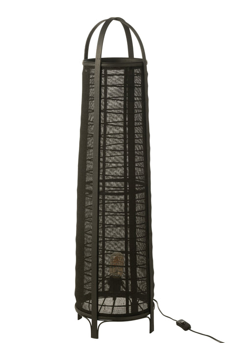 Zwarte vloerlamp van 100 cm hoog met een cilindervormig frame van textiel en metaal voor een sfeervol interieur.