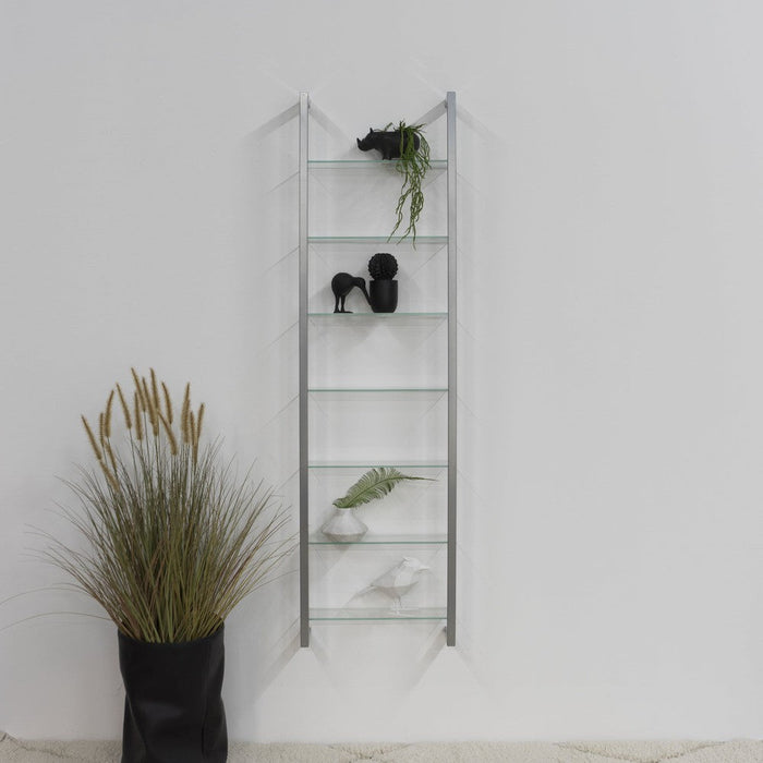 Wandplank Wandrek CUBIC 7 Staal Nikkel Helder Glas 46x13x167cm-Wandplanken-Spinder