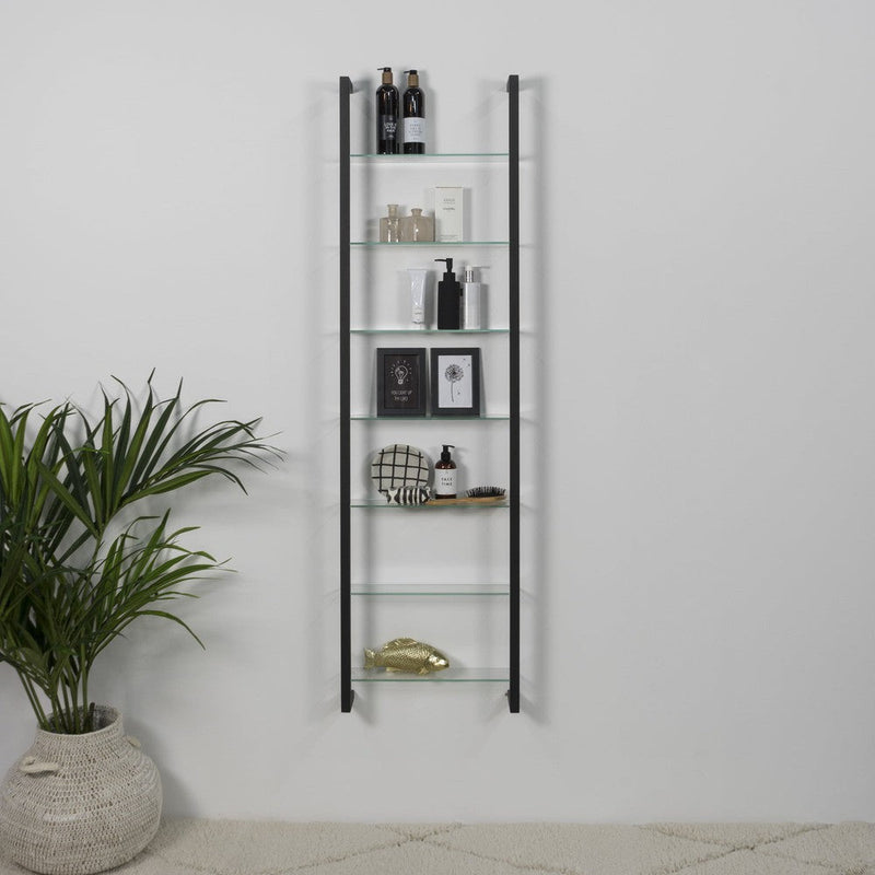 Wandplank Wandrek CUBIC 7 Staal Zwart Helder Glas 46x13x167cm-Wandplanken-Spinder