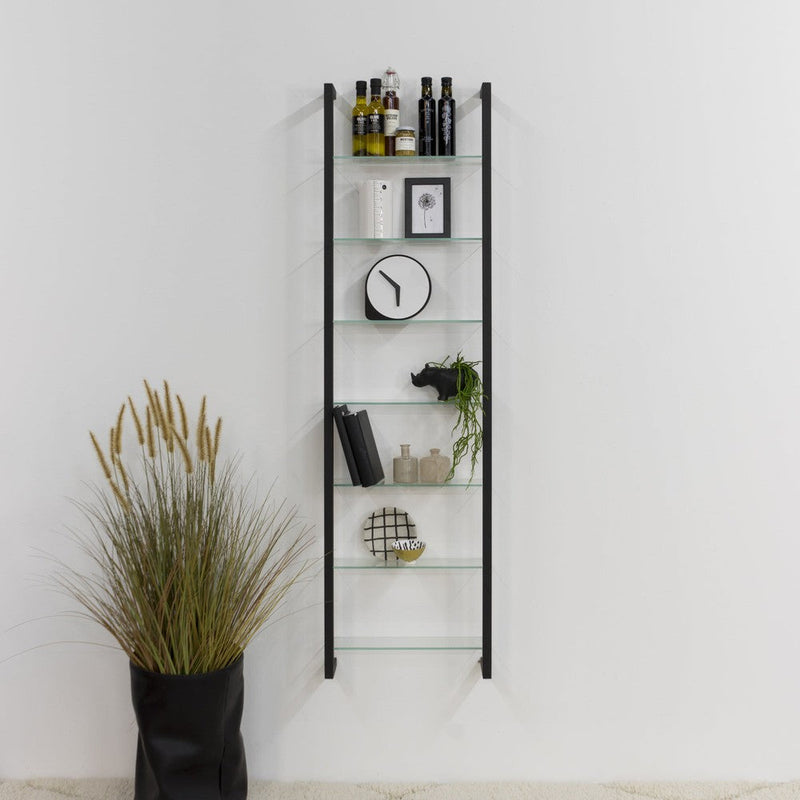 Wandplank Wandrek CUBIC 7 Staal Zwart Helder Glas 46x13x167cm-Wandplanken-Spinder
