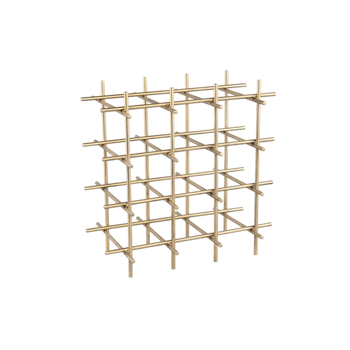 Gele metalen vakkenkast van 24x40 cm met een open, minimalistisch rasterontwerp.