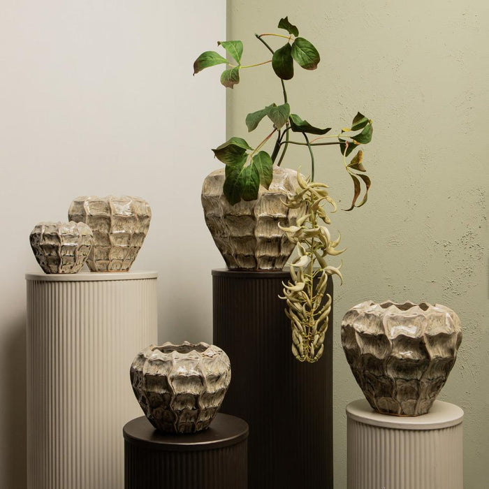 Woondecoratie Decoratie Midda Wit Staal Ribbed Pedestal Set 2-Woondecoratie-PTMD